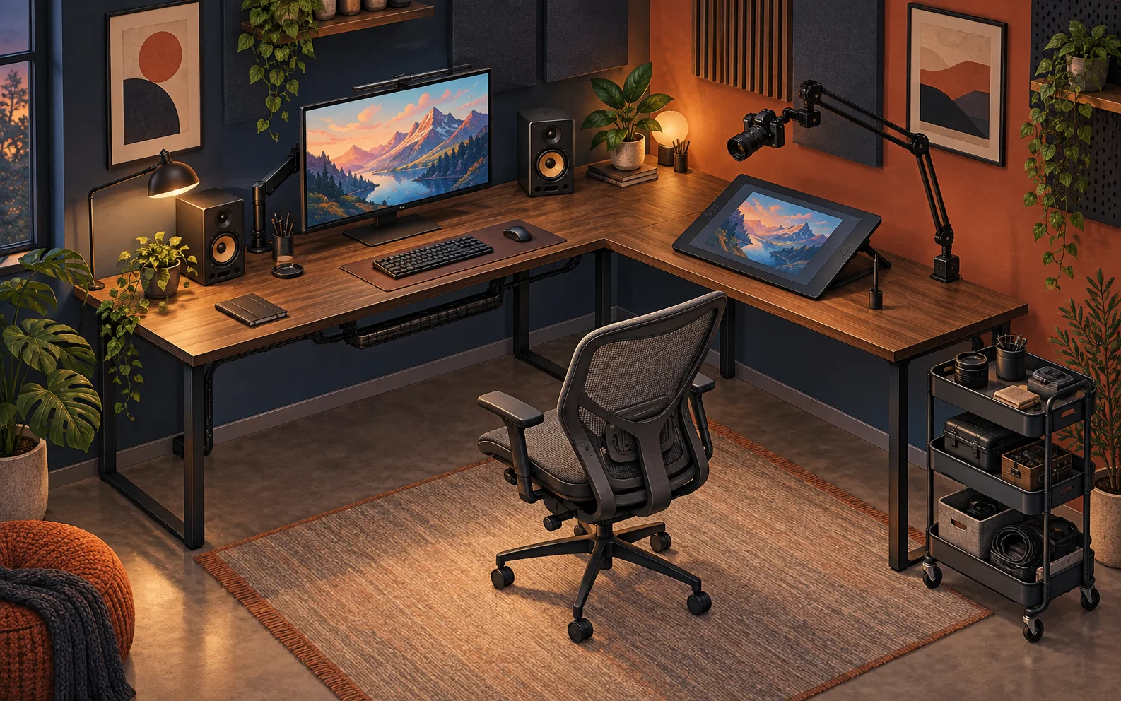 L字デスク、タスクチェア、液晶ペンタブ、撮影アーム、機材ワゴンを備えた制作室のオリジナルイラスト
