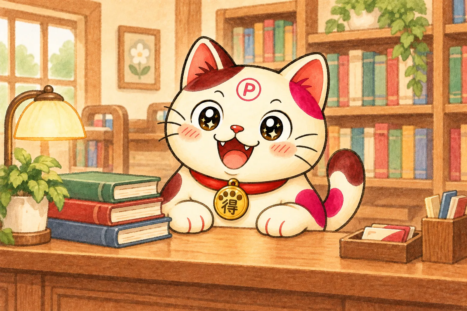 図書館カウンターで店番するポイたま